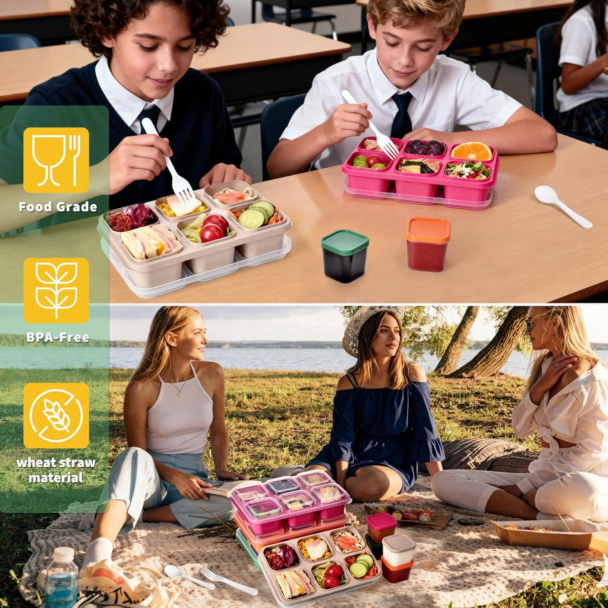 4-Pack Leakproof Bento Box & Snack Containers for Kids & Adults | 6-Compartment with 4 Sauce Cups | Ideal for School, Office, Picnic & Travel (38oz/1100ml) (Pink/Beige/Orange/Green)