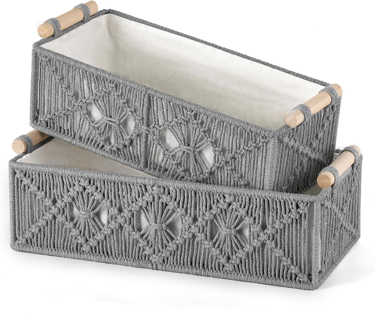 Mkono Macrame Storage Baskets Boho Decor Box Handmade Woven Decorative Countertop Toilet Tank Shelf Cabinet Organizer for Bedroom Livingroom Home, Set of 2, Grey