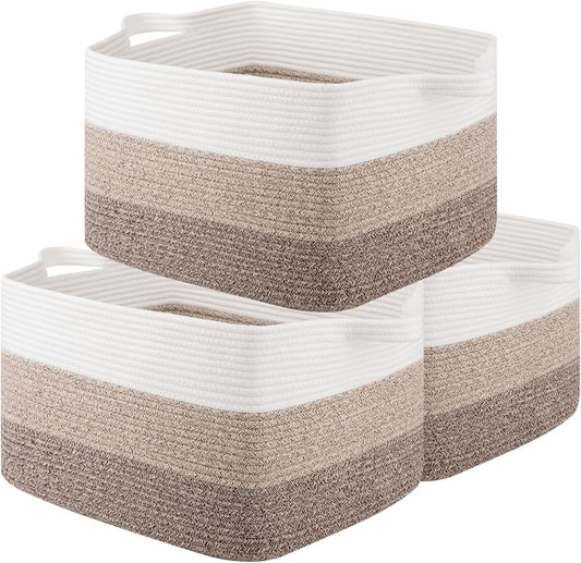 OIAHOMY Rectangle Woven Storage Basket - Nursery Cotton Rope Baskets for Storage, Toy Basket Organizing for Living Room, 17.7"x13.8"x11"- Pack of 3 - Gradient Yellow