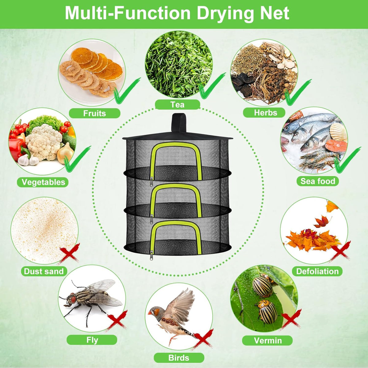 3 Layer Herb Drying Rack, Herb Drying Rack Hanging Mesh, Foldable Bud Drying Net with U-Shaped Zipper, Hooks, for Drying Herbs Plants, Flowers, Fruits, Food, Camping (3 Layers-23.62'')