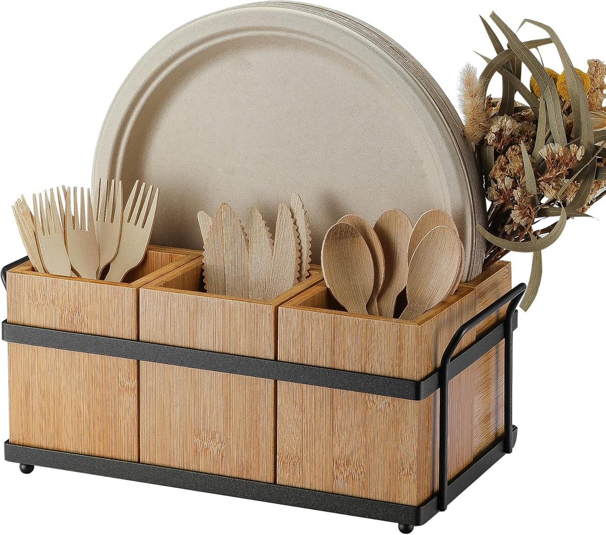 PTSTING Silverware Caddy Wood Utensil Holder Paper Plate Dispenser Silverware Utensil Caddy Cutlery Flatware Organizer Box for Spoons Forks Plates Napkins