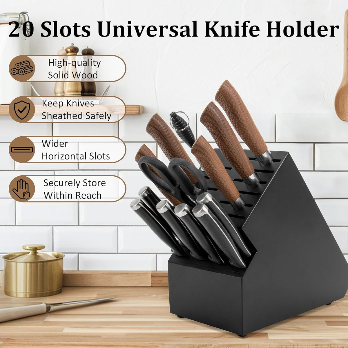 20 Slot Knife Block Storage without Knives,Acacia Wood Universal Knife Holder for Kitchen Countertop,Large Butcher Block Organizer,Easy Kitchen Knife Storage (Black)