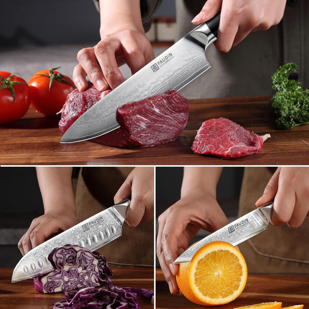 PAUDIN Damascus Knife Set 3 PCS, Japanese VG10 Steel Core, Ultra Sharp Chef Knife Set, Full Tang G10 Handle, Damascus Kitchen Knives
