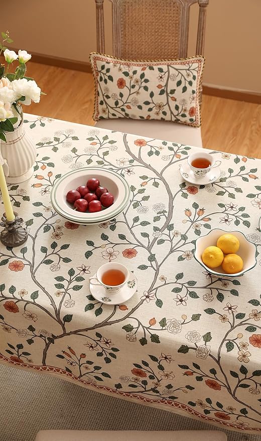 ISAENNE Designer Floral Extra Long Rectangle Tablecloth,French Linen Light Beige Indoor Table Cloth,Fall Wrinkle Resistant Decor Tablecloths for Dining Thanksgiving Kitchen,63"*110"-Flora A