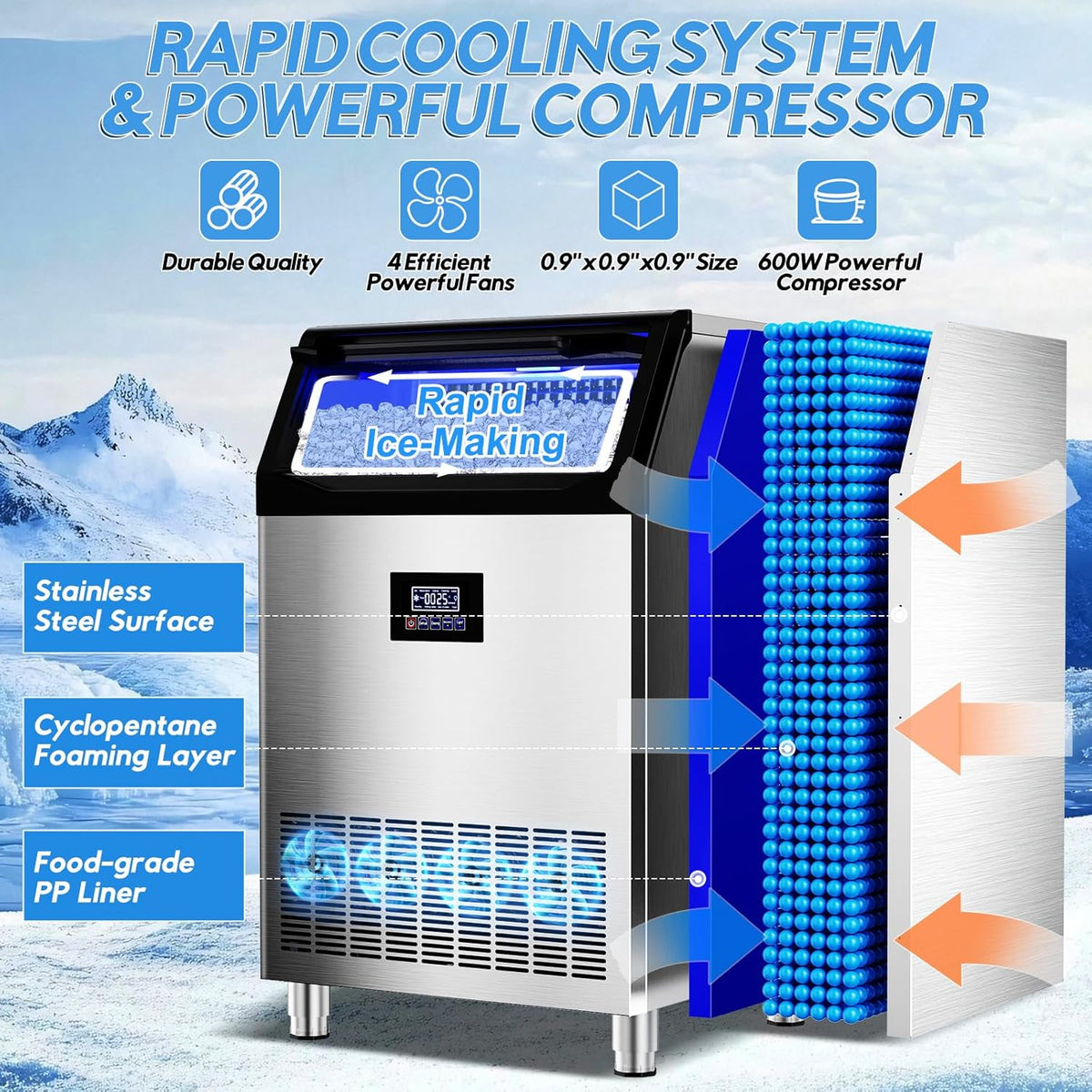 Commercial Ice Maker Machine 400LBS/24H with 125LBS Large Ice Storage Bin, 126Pcs Clear Ice Cubes in 11Mins, Stainless Steel Under Counter Industrial Ice Machine for Bar, Restaurant Business