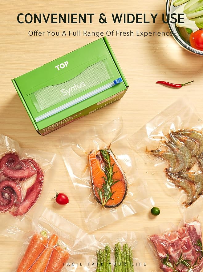 Syntus 8" x 150' Food Vacuum Seal Roll Keeper with Cutter Dispenser, Commercial Grade Vacuum Sealer Bag Rolls, BPA Free Food Vac Bags, Ideal for Storage, Meal Prep and Sous Vide