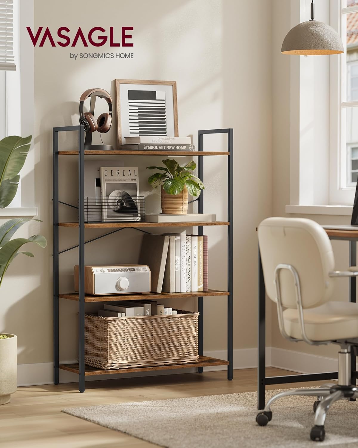 VASAGLE 4-Tier Tall Bookshelf, Large Bookcase with Steel Frame, Deep Book Shelf for Living Room, Home Office, Study, 11.8 x 31.5 x 47 Inches, Industrial Style, Honey Brown and Black ULLS140K01