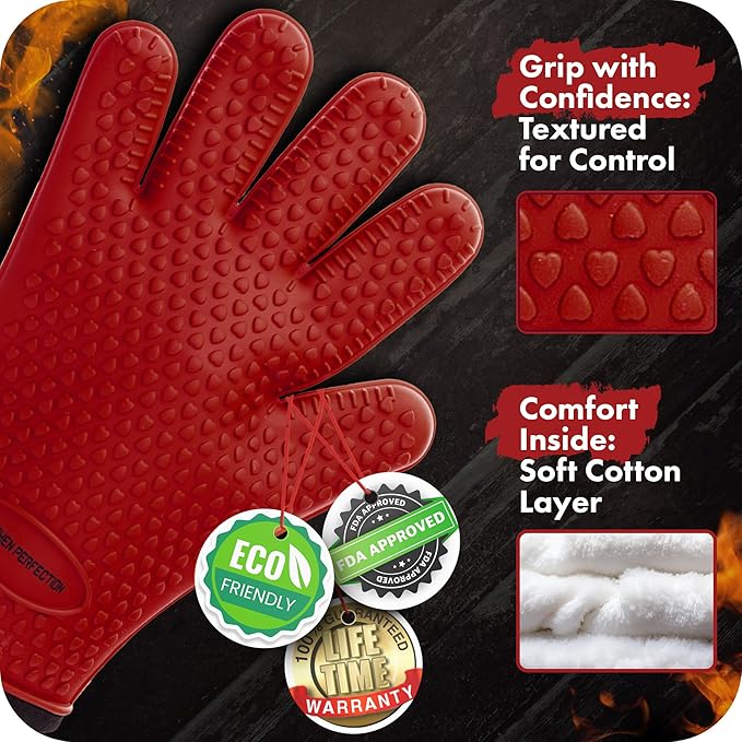KITCHEN PERFECTION Silicone Smoker Oven Gloves - Extreme Heat Resistant BBQ Gloves - Handle Hot Food Right on Your Smoker Grill Fryer Pit | Waterproof Oven Mitts | Superior Value Set + 3 Bonuses