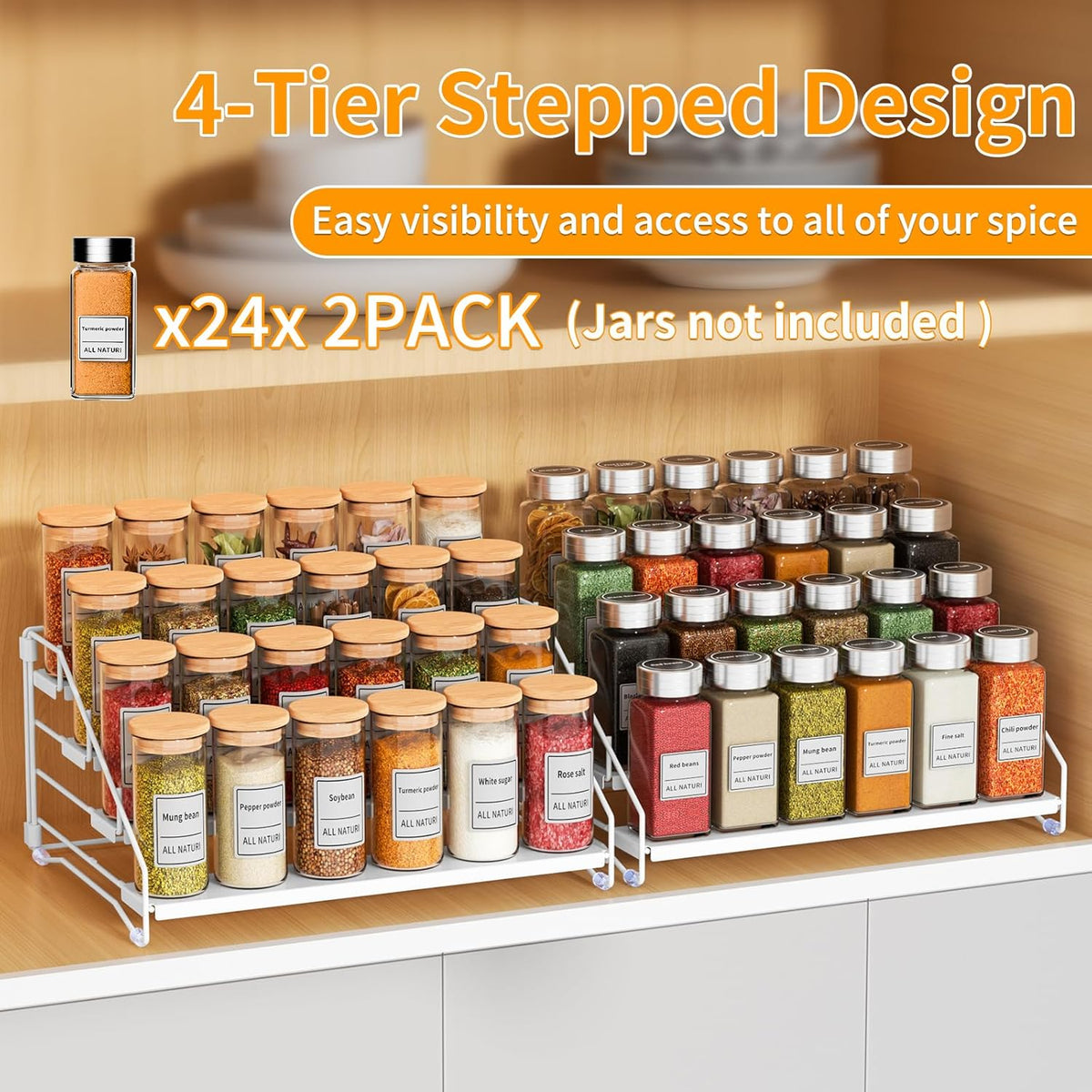 RCHYFEED Spice Rack Organizer for Cabinet,4 Tier Spice Organization for Cabinet Easy Visibility,Tierd Spice Rack Seasoning Organizer for Kitchen Countertop Pantry,Metal(White, 2Pack)