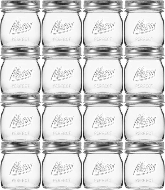 16 Pack 8 oz Mason Jars with Regular Airtight Lids - Glass Canning Jars 8 oz, Mini Mason Jars for Jam, Jelly, Honey, Overnight Oats, Party Favors, Shower Favor, Separable Lids