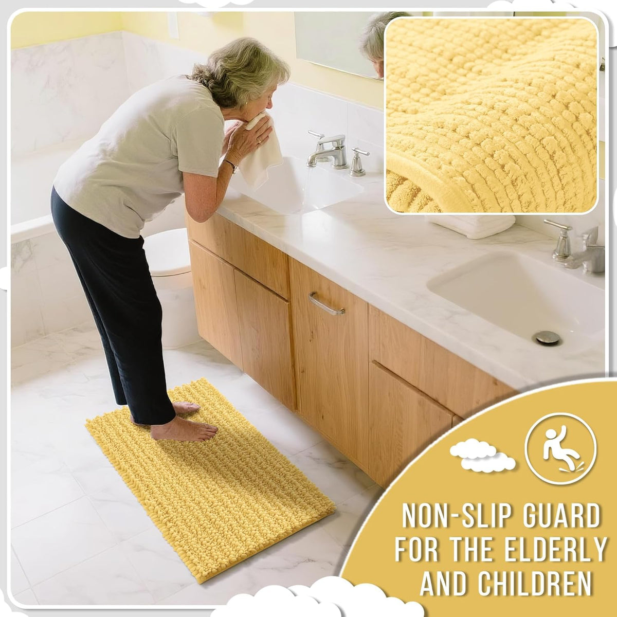 Yimobra Bathroom Rugs Non Slip Washable 32x20 Inch - Ultra Soft Absorbent Chenille Bath Mat, Quick Dry Shaggy Floor Carpet for Tub Shower, Yellow Home Decor Accessories