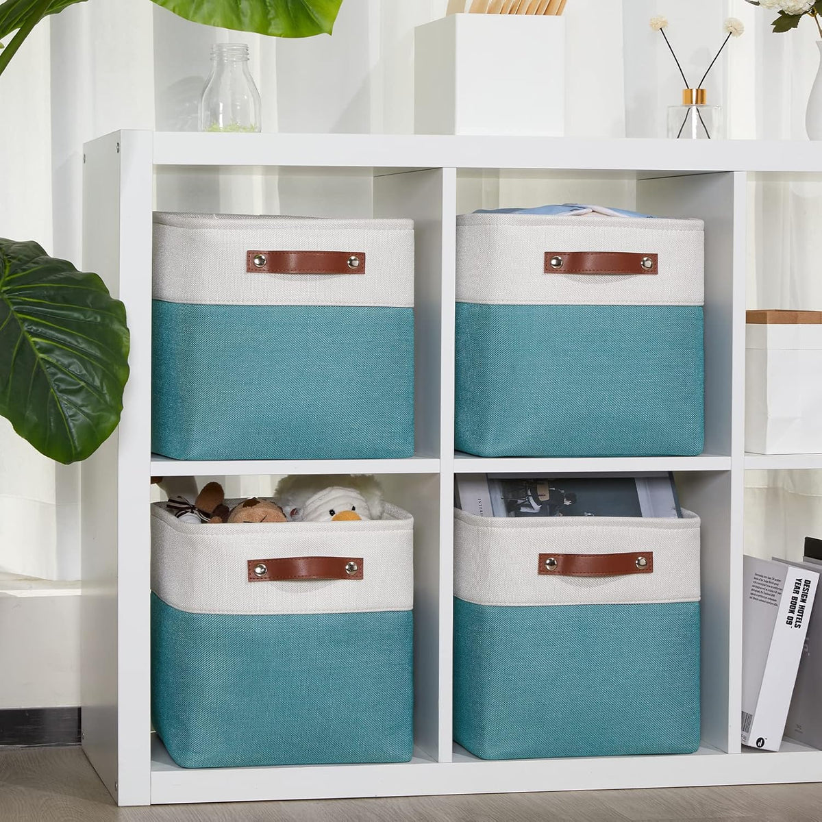 DULLEMELO Foldable Storage Cubes 11 x 11 Organizer Bins,Canvas Storage Bins Empty Gift Baskets for Organizing with SturdyLeather Handles, Closet Baskets for Nursery Storage(4 Pack - 11" White&Teal)