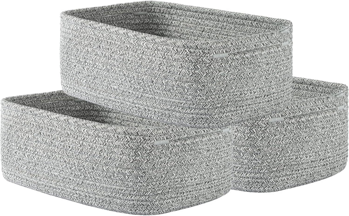 Small Woven Basket, 12 x 8 x 4.5 Inches, Storage Basket for Organizing, Cute Small Rope Shelf Closet Cube Storage Bins Baskets for Shelves, Dog Toy Gift Baskets Empty, 3 Packs, Mixed Grey
