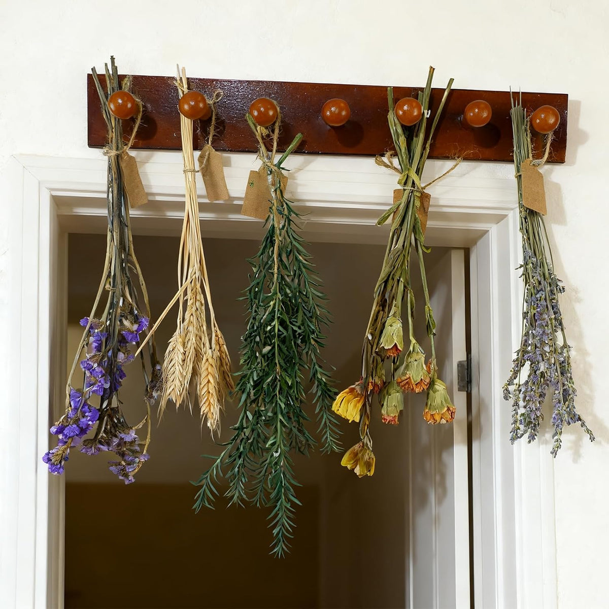 Rustic Hanging Herb Drying Rack–Space-Saving Design Holds 7 Bouquets,Fits Window,Door Kitchen Areas-Great for Kitchen Witches Herb Display-Unique Gift for Gardening Enthusiasts-Wall Art Décor