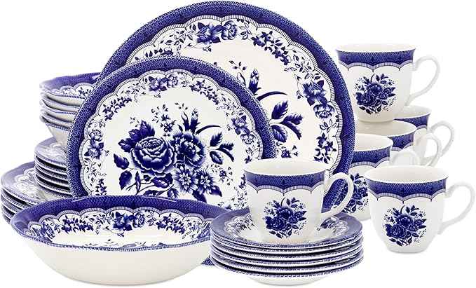 Tudor Royal 30-Piece Porcelain Round Dinnerware Set, Service for 6, Victoria Blue Design, Blue Floral, Plates Bowls Mugs Dishes Saucers, Glossy, Premium Quality Tableware, Unique Pattern