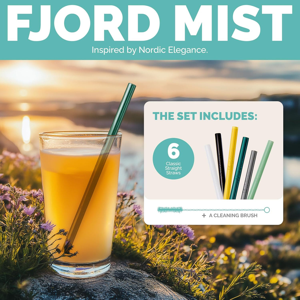 Simply Straws 8 Inch Glass Straws Straight (6-Pack) – Reusable Glass Straws for Pints & Juice Drinkware, with Cleaning Brush – Dishwasher Safe, Hot & Cold Use, BPA-Free (Fjord Mist)