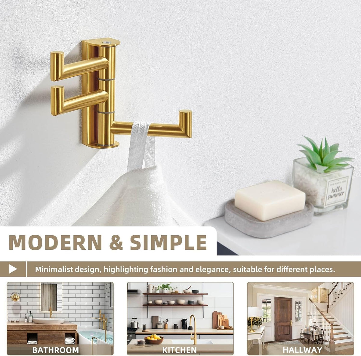 Suyar Brushed Gold Towel Hook, SUS 304 Stainless Steel Bathroom Coat Robe Holder with 3 Swivel Arms, Wall Hook for Kitchen Entry Garage