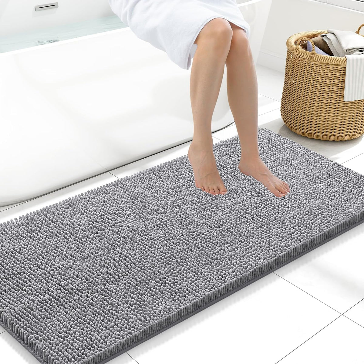 Arotive Bathroom Rugs 47x20, Extra Soft Absorbent Shaggy Chenille Bath Rugs, Machine Washable Rubber Backing Non-Slip Bath Mats for Bathroom Floor Tub and Shower, Home Decor Accessories, Grey