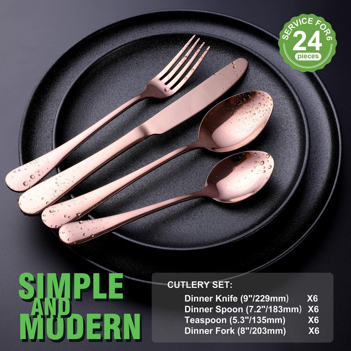 Copper/Rose Gold Silverware Set, OGORI 24-Piece Stainless Steel Flatware Set, Service of 6