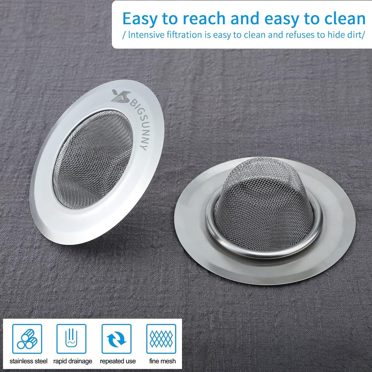 Mesh Sink Strainer Set of 2, MSY BIGSUNNY Stainless Steel Kitchen Sink Strainer Kitchen Drain Strainer with Large Wide Rim 4.5 inch Diameter for Kitchen Sinks