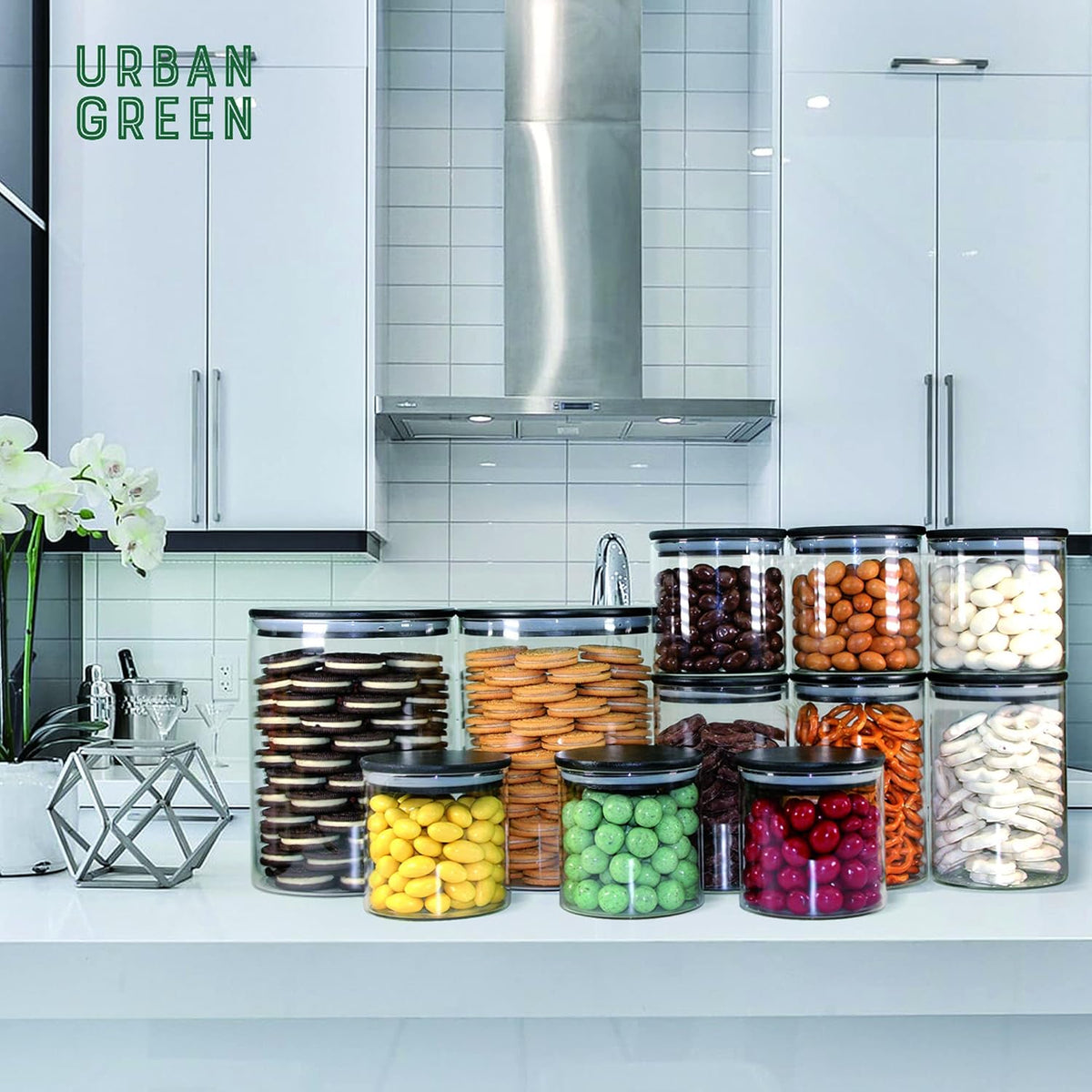 Urban Green Glass Jars with Black Bamboo Lids, Food Storage Containers with Airtight Black Lids, Glass Kitchen Canisters Sets (3 pack of 20oz + 3 pack of 30oz)