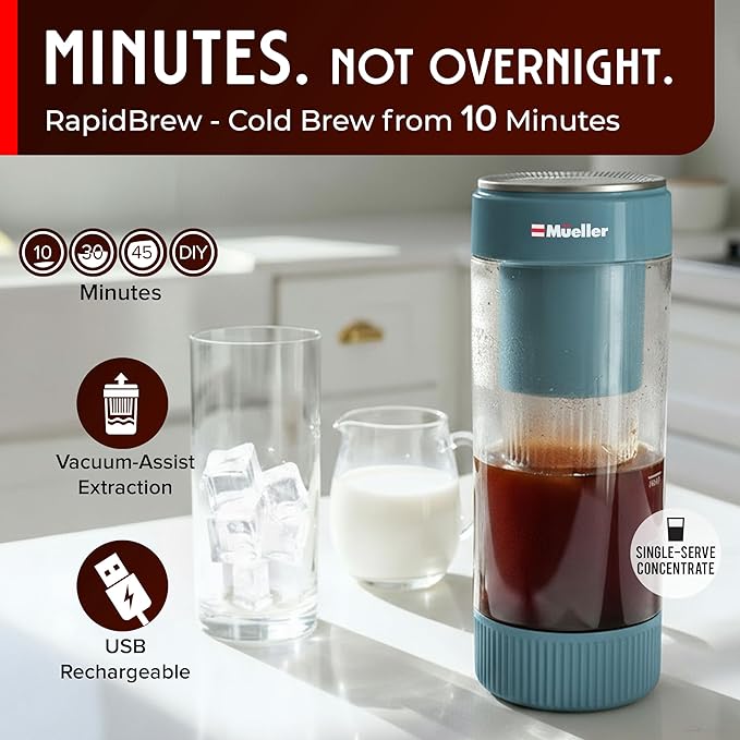 Mueller RapidBrew Cold Brew Iced Coffee Maker – 10 Min Fast Brew Portable Rechargeable Cold Brew Machine for Coffee & Tea – Adjustable Strength 10-99 Min – 20 Servings Per Charge, Mineral Blue