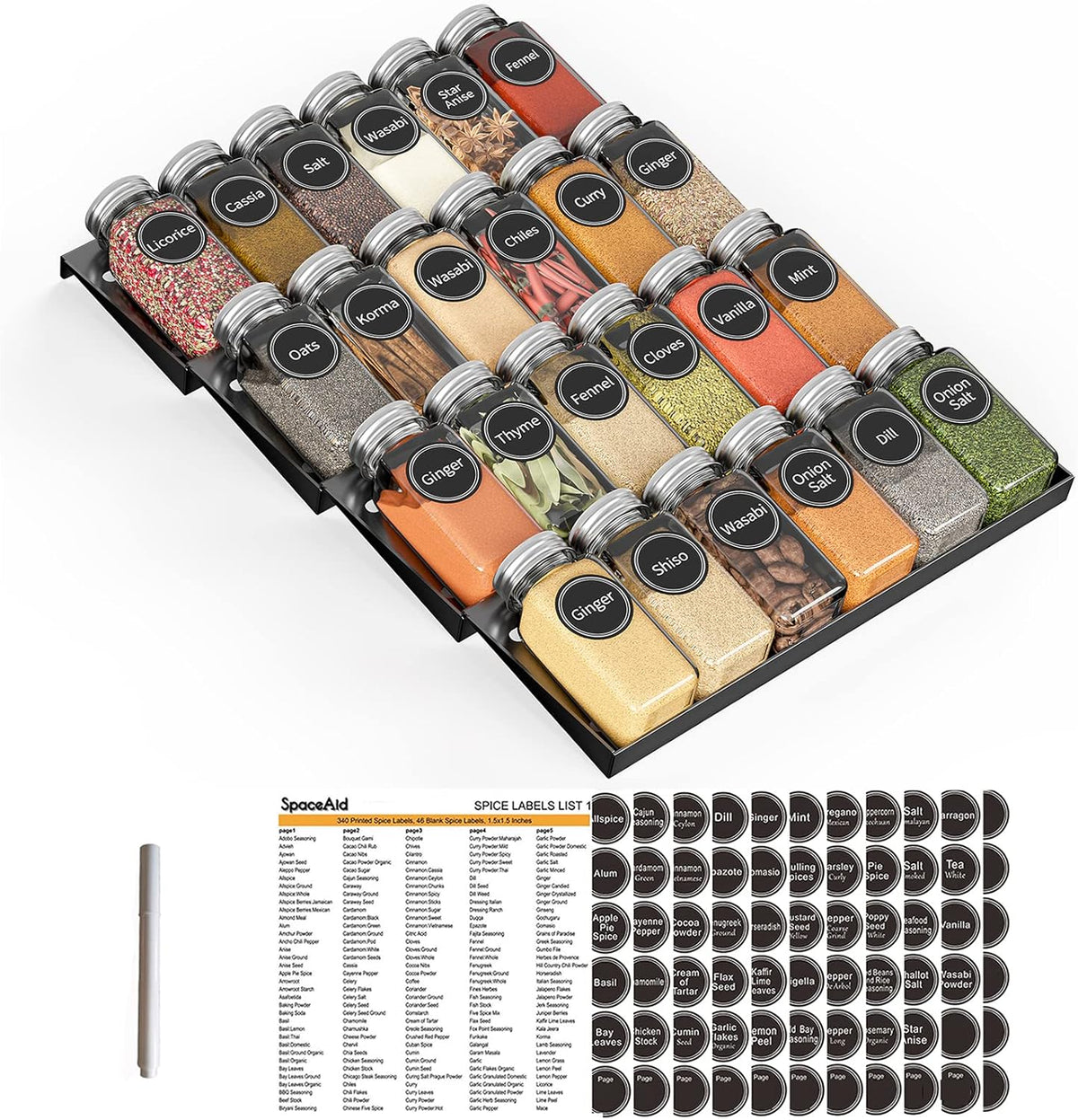 SpaceAid Spice Drawer Organizer with 24 Spice Jars, 386 Spice Labels, 4 Tier Seasoning Rack Tray Insert for Kitchen Drawers, 11.25" Wide x 17.5" Deep