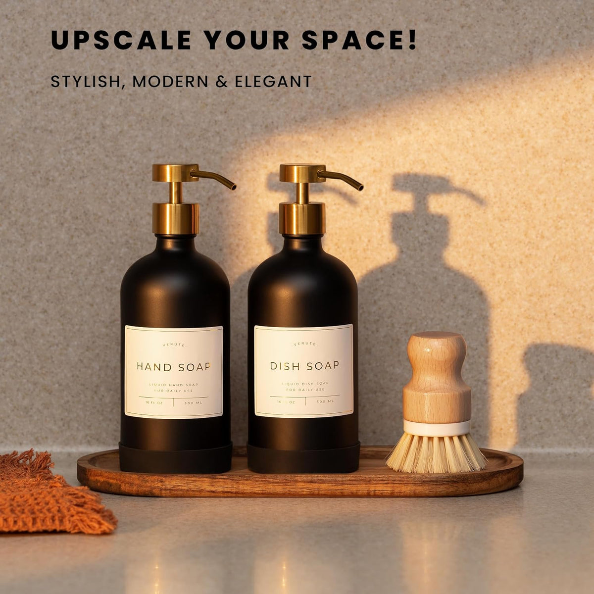 16oz Glass Soap Dispenser with Stainless Steel Pump, 21 Waterproof Labels, Non-Slip Protective Silicone Pad, Set of 2 for Bathroom & Kitchen (Matte Black Bottle/Brushed Gold Pump)