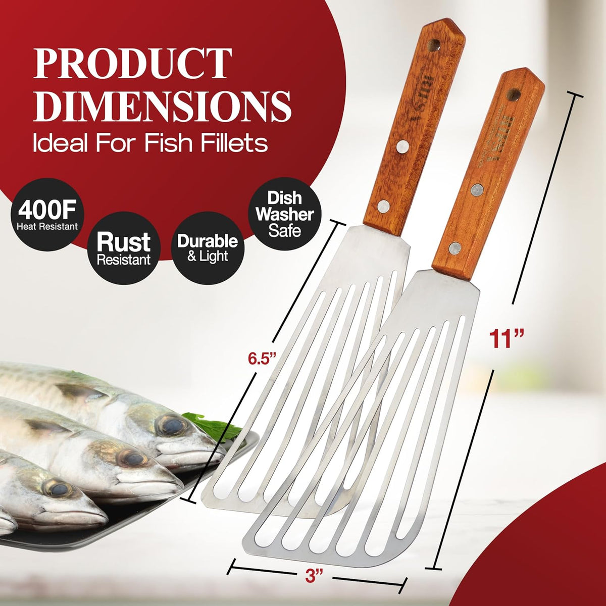 Fish Spatula Stainless Steel 2 Slotted Fish Spatulas for Nonstick Cookware - Elegant Silver Finish Turner Spatula with Ergonomic Wooden Grip Size 11” Blade Ideal for Home and Professional Chefs