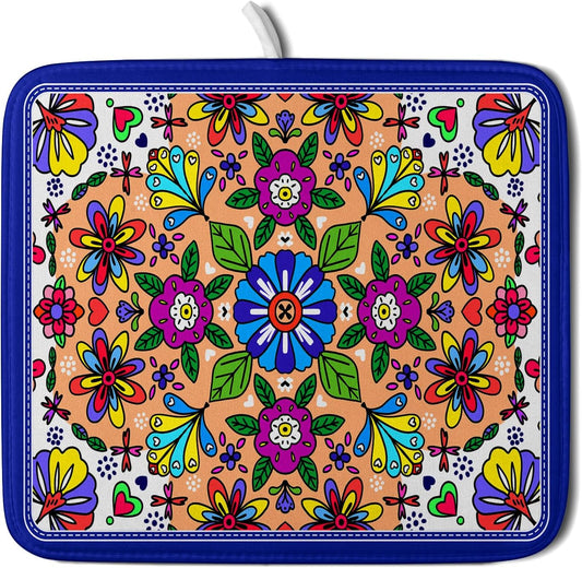 Mexican Talavera Dish Drying Mat Navy Blue Microfiber Dish Drain Pad for Kitchen Decor