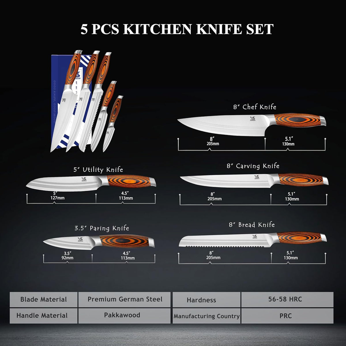 MSY BIGSUNNY 5pcs Knife Set Kitchen Utensils Knife, German Stainless Steel Professional Chef Kitchen Knife Set, Tang Series