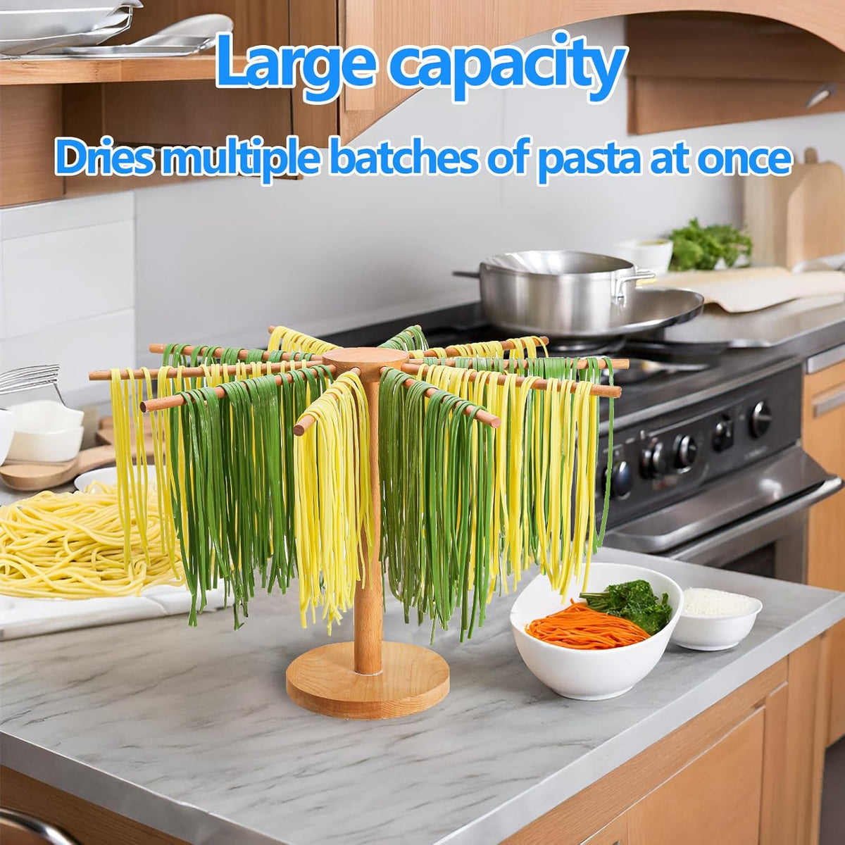 Beech Wood Pasta Drying Rack, 10-Arm Large Capacity, Detachable Fresh Spaghetti Noodle Tree Hanger, Larger Drying Area for Faster Drying Pasta, Prevents from Sticking