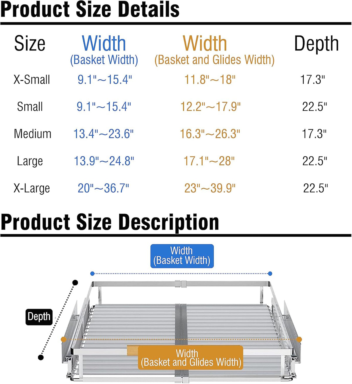 2Pack Expandable Pull Out Cabinet Organizer, 23~39.8"W x 22.5"D Heavy Duty Slide Out Shelves Adjustable Height Cabinet Pull Out Shelves,Expandable Width Spice Rack Organizer for Kitchen Cabinet