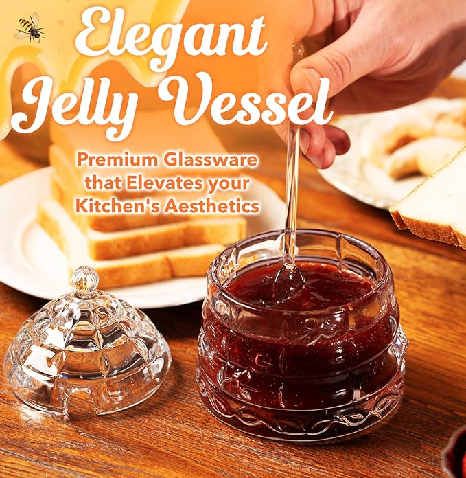 Elegant Glass "Crystal" Honey Jar with 2 Glass + 1 Wooden Dipper & 1 Clear Spoon | Beehive Design | 10 oz Container | Perfect for Sugar, Marmalade & Jam | Durable & Stylish Multipurpose Pot with Lid