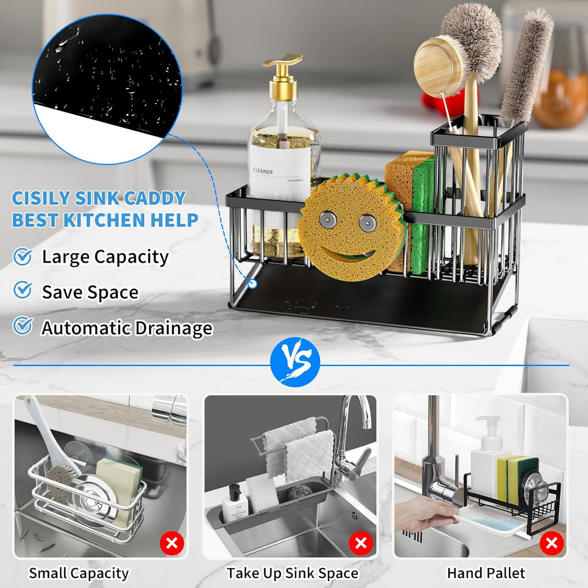 Cisily Sink Caddy With Smiley Face Sponge Holder, 304 Stainless Steel Rustproof(Black)