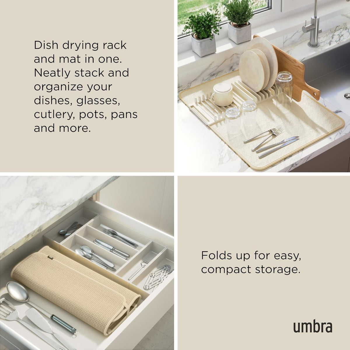Umbra Udry Dish Rack and Microfiber Drying Mat – Space-Saving Design Folds Up for Easy Storage, Basic Rack, Linen