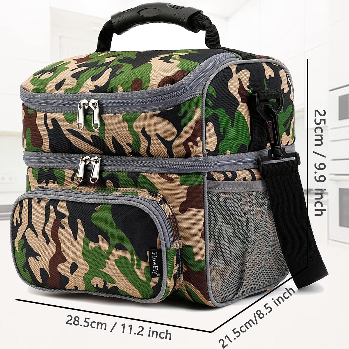 FlowFly Double Layer Cooler Insulated Lunch Bag Adult Lunch Box Large Tote Bag for Men, Women, With Adjustable Strap,Front Pocket and Dual Large Mesh Side Pockets