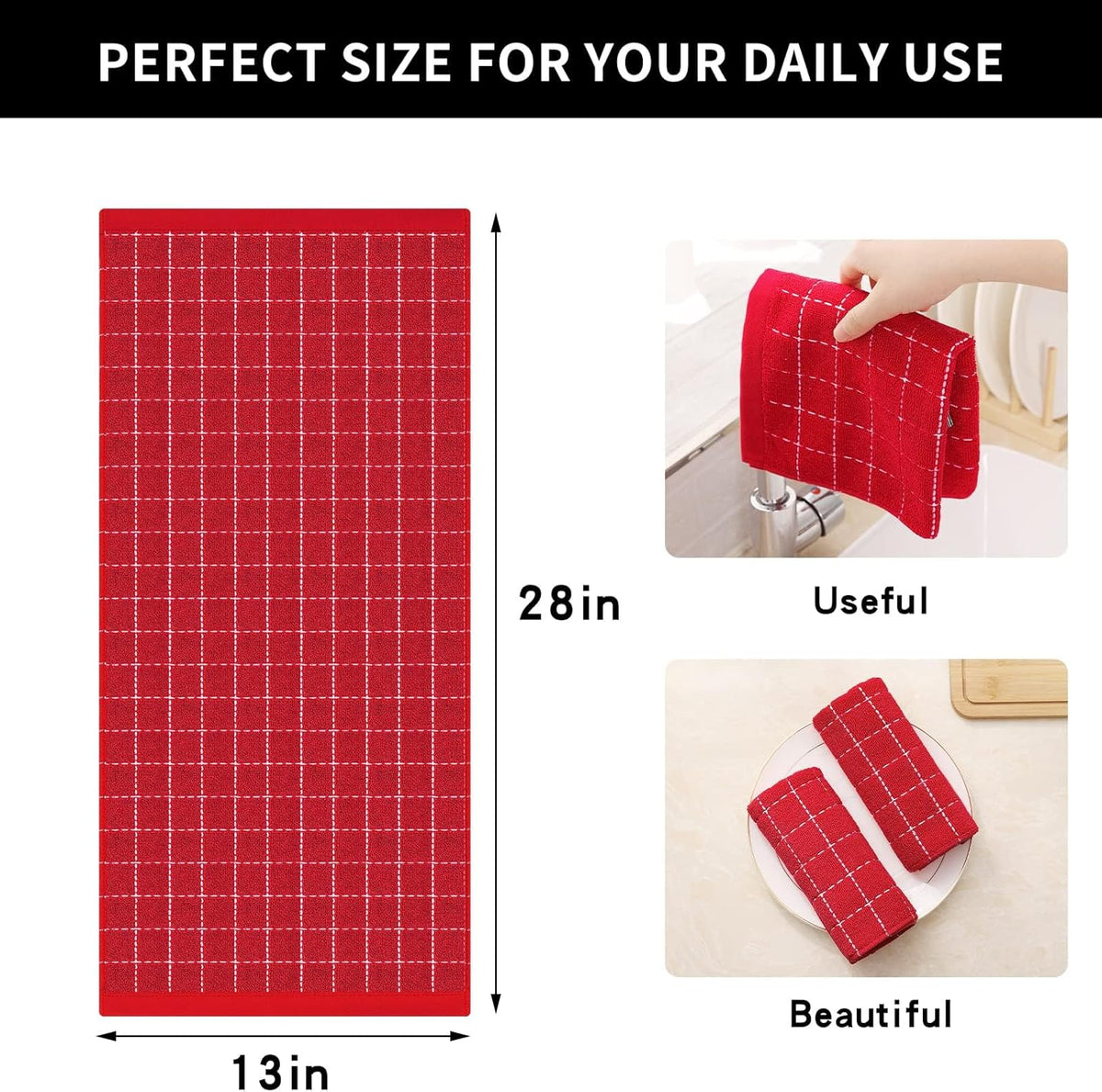 Homaxy 100% Cotton Terry Kitchen Towels(Red, 13 x 28 inches), Checkered Designed, Soft and Super Absorbent Dish Towels, 6 Pack