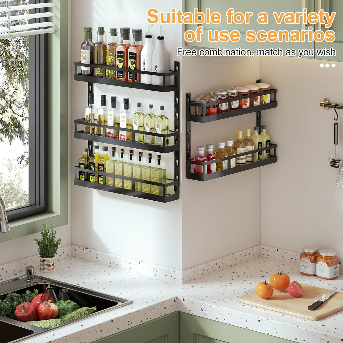 X-cosrack 5-Tier Small Wall-Mounted Spice Rack Organizer, Height-Adjustable, Space-Saving Compact Design for Kitchen Pantry Cabinet, Black