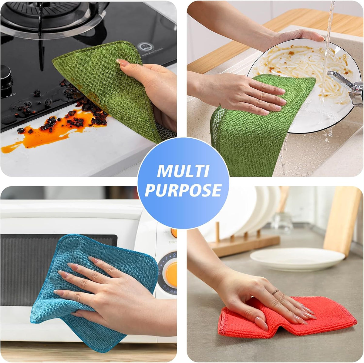 KinHwa Kitchen Washcloths for Dishes Absorbent Microfiber Dish Cloths Quick Dry Dish Rags with Poly Scour Scrub Side Ideal for Kitchen Cleaning (Mixing Colors #1, 7inchx7inch 9 Pack)