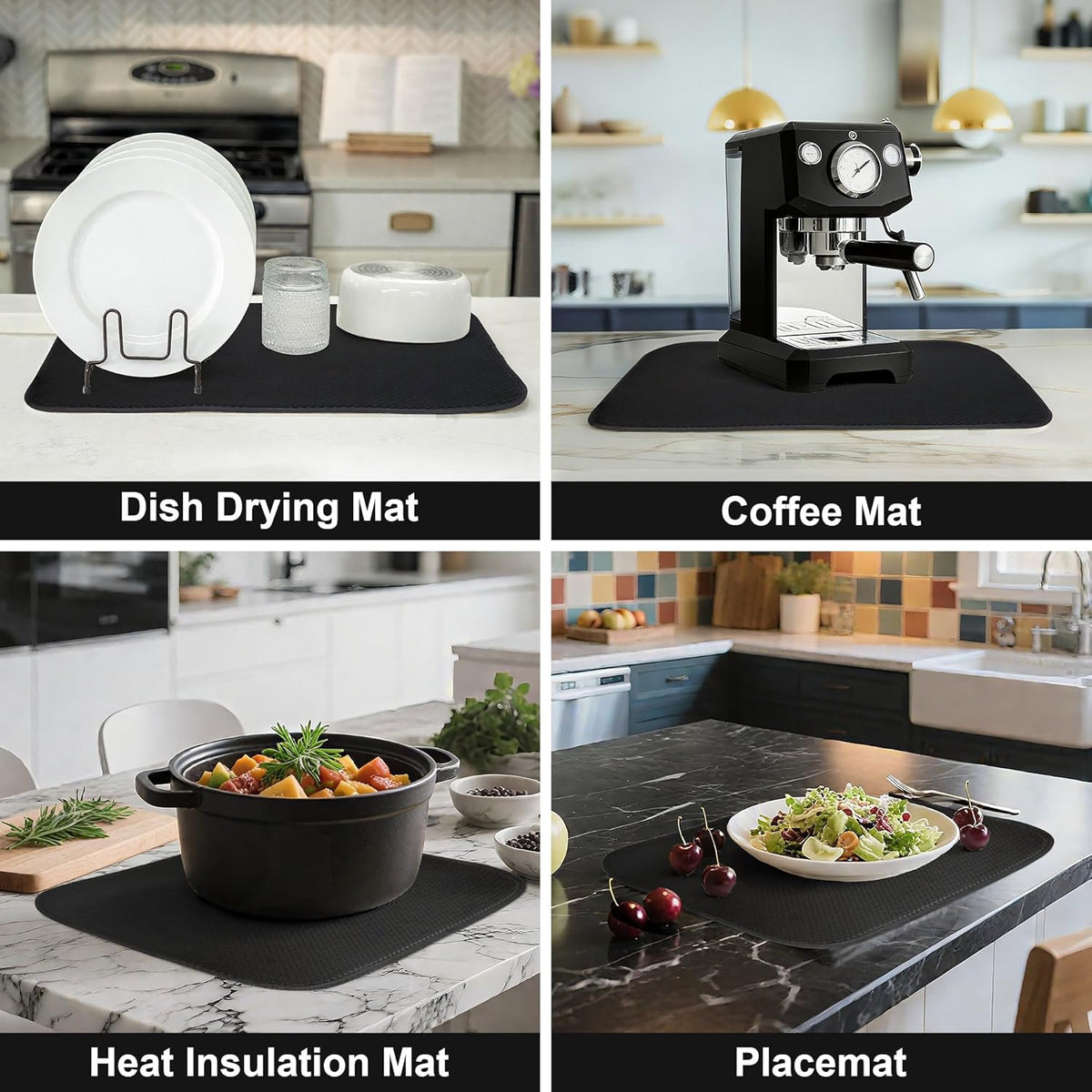 2-Pack Black Dish Drying Mat XL 17”x24”, Kitchen Drying Mat, Drying Matt Kitchen Counter, Dish Dryer Mat, Utensils, Pots & Pans – Dish Drying Pad, Dish Mats for Drying Dishes