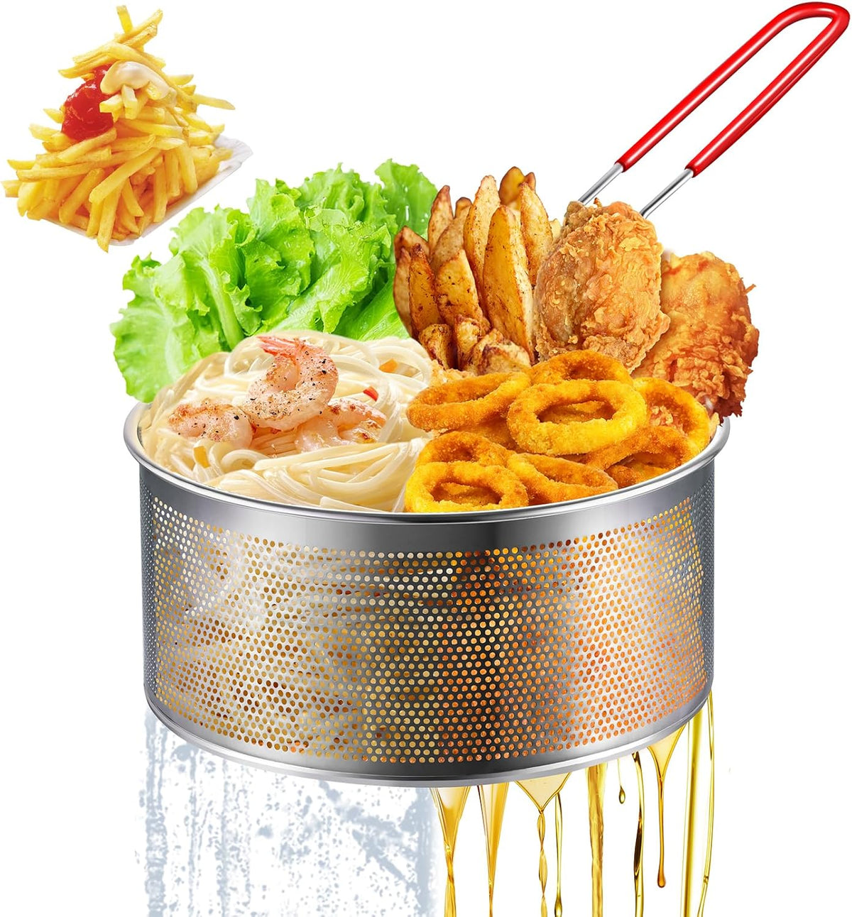 Deep Fryer Basket, 7.8''x4'' Fry Only, Round Stainless Steel Frying Baskets with Heat Resistant Silicone Handle, for Kitchen Cooking Strainer Colander, Serving Food, Ideal for Gift, 3-Quart