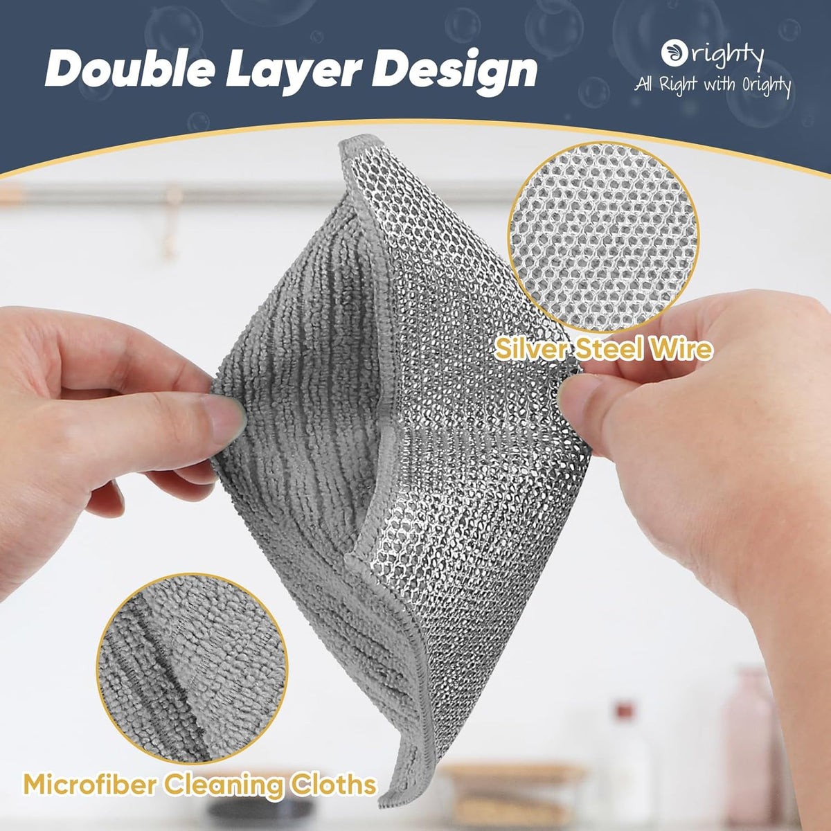 Orighty Multipurpose Wire Dishwashing Rag 12 Pcs, Upgraded Double-Layer Non-Scratch Wire Dish Cleaning Cloths, Reusable Steel Scrubber for Kitchen, Powerful Dishcloth Rag for Cookware, Grey, 7"x8"