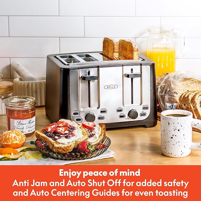 bella 4 Slice Toaster with Auto Shut Off, Extra Wide Slots & Removable Crumb Tray and Cancel, Defrost & Reheat Function, Toast Bread & Bagel, Black