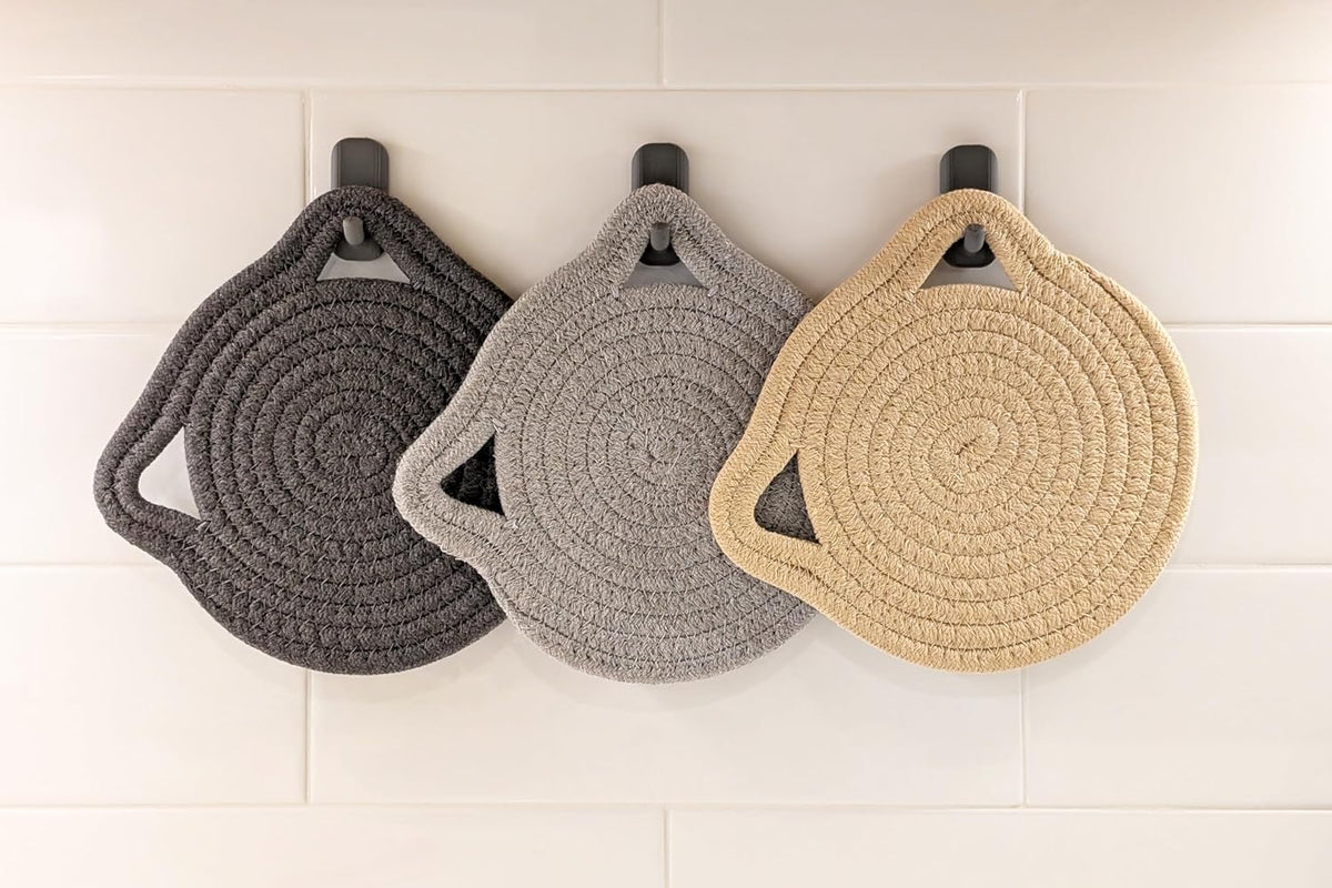 7” Cat Trivet 3 Piece Set - Sturdy Thick Cotton Hot Pad Placemat - for Kitchen and Dining - Cute Kawaii Kitten Design - Kitchen Accessory Gift (Gray & Beige)