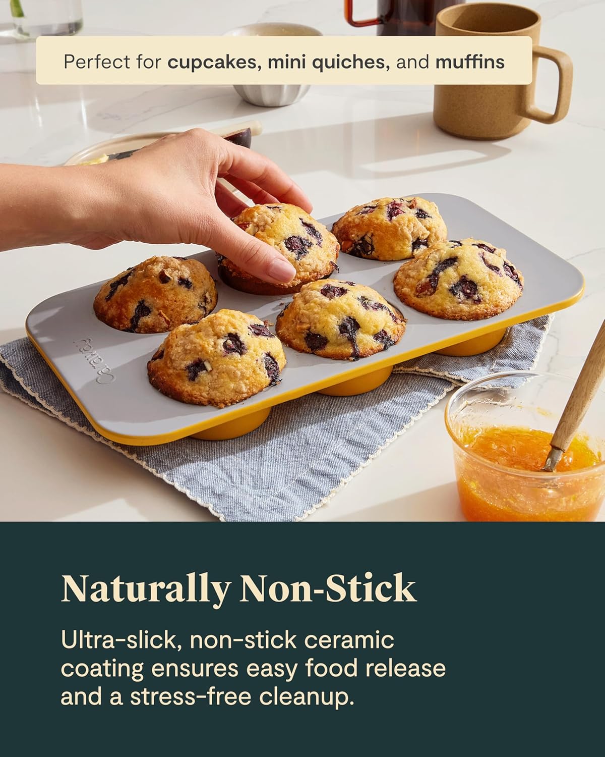 Caraway Nonstick Ceramic 6 Cup Muffin Pan Duo – Non-Toxic, PTFE & PFOA Free – Oven Safe – Aluminized Steel Core – Small Muffin Pan for Baking Cupcakes, Muffins & More - Gray