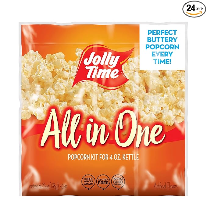 JOLLY TIME All in One Popcorn Kit, Portion Packets with Kernels, Oil and Salt for Movie Theater or Air Popper Machines (24 pack, 4oz Kettle)