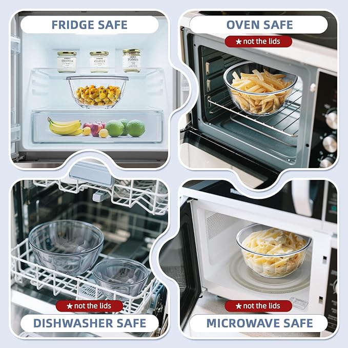 WhiteRhino Glass Mixing Bowls with Lids Set of 5（4.70QT,2.85QT, 1.69QT,1.11QT,0.85QT,Glass Bowls with Lids,Large Salad Bowls Space-Saving Nesting for Cooking,Baking,Prepping,Dishwasher Safe