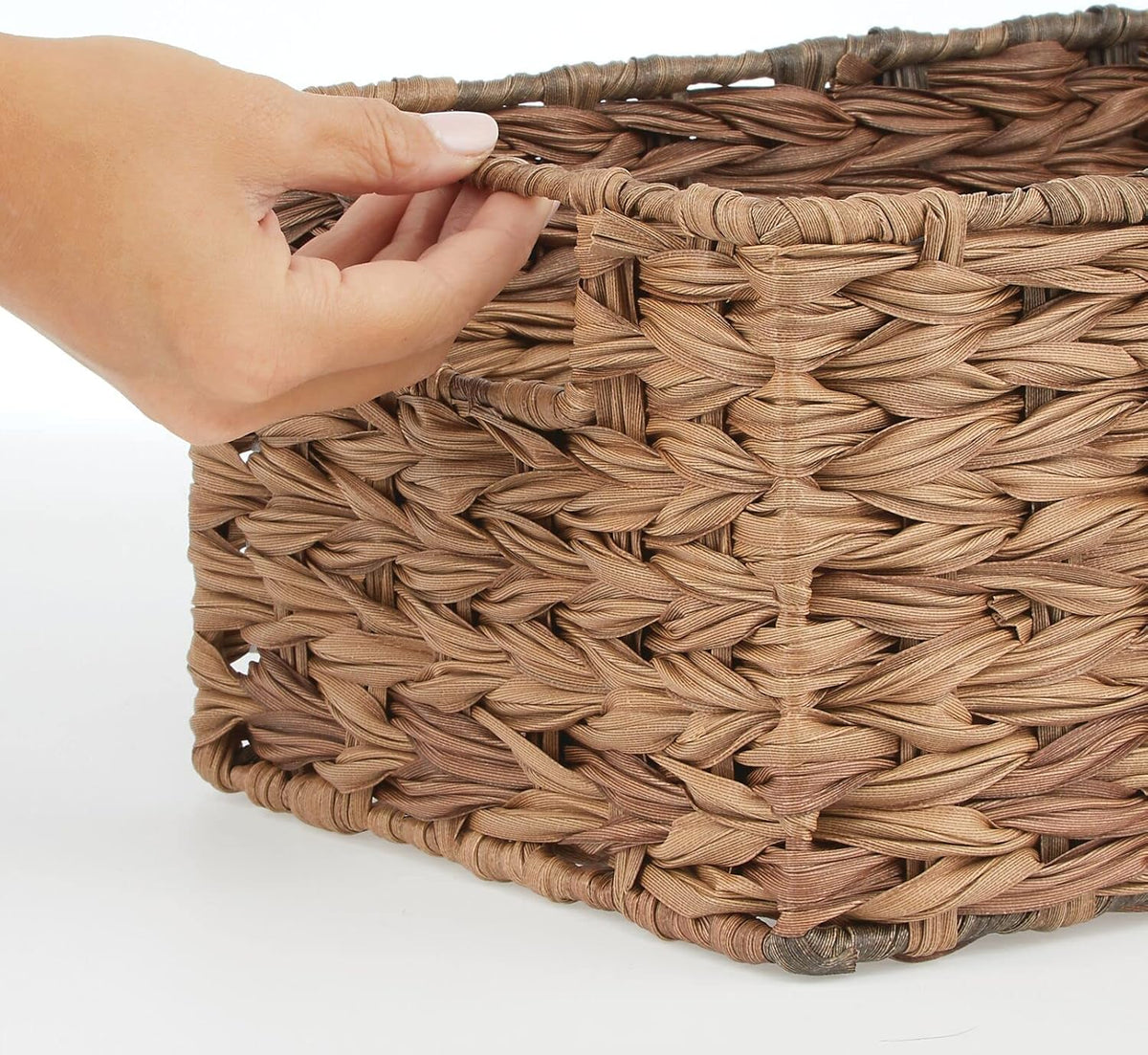 mDesign Woven Farmhouse Kitchen Pantry Food Storage Organizer Basket Bin Box - Container Organization for Cabinets, Cupboards, Shelves, Countertops - Store Potatoes, Onions, Fruit, 3 Pack, Brown Ombre