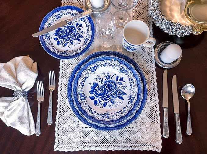 Tudor Royal 24-Piece Porcelain Round Dinnerware Set, Service for 6, Victoria Blue Design, Blue Floral, Plates Bowls Mugs Dishes, Glossy, Premium Quality Tableware, Unique Pattern